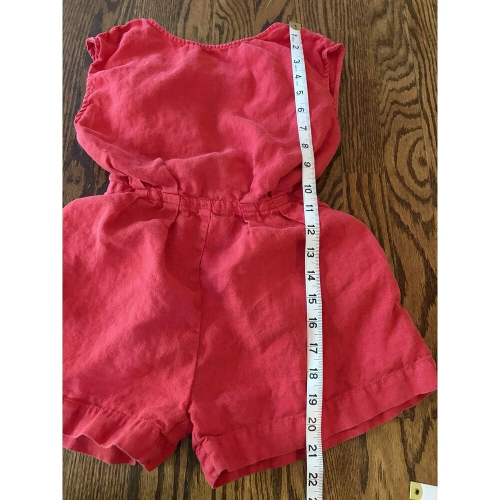 Zara Kids Girls 100% Linen Red Romper Size 8 Pockets‎ Summer Beach Adjustable